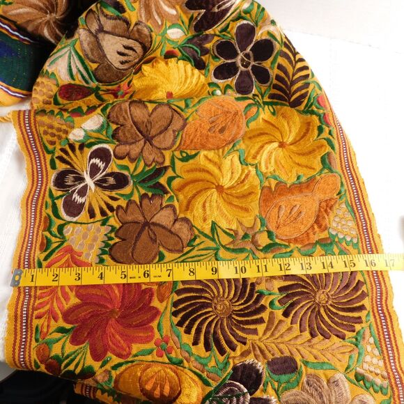 Floral Silk Embroidered Table Runner, Gold Brown Fall Autumn Fringe 90"x17" - Picture 7 of 12